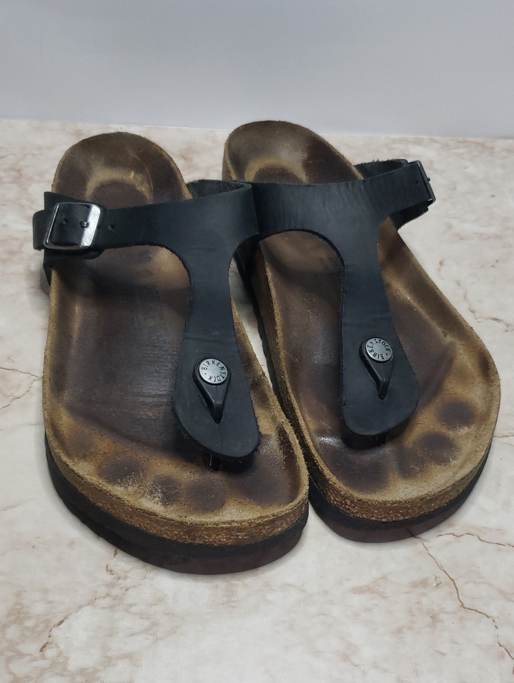 Black Leather T-Strap Cork Footbed Sandals